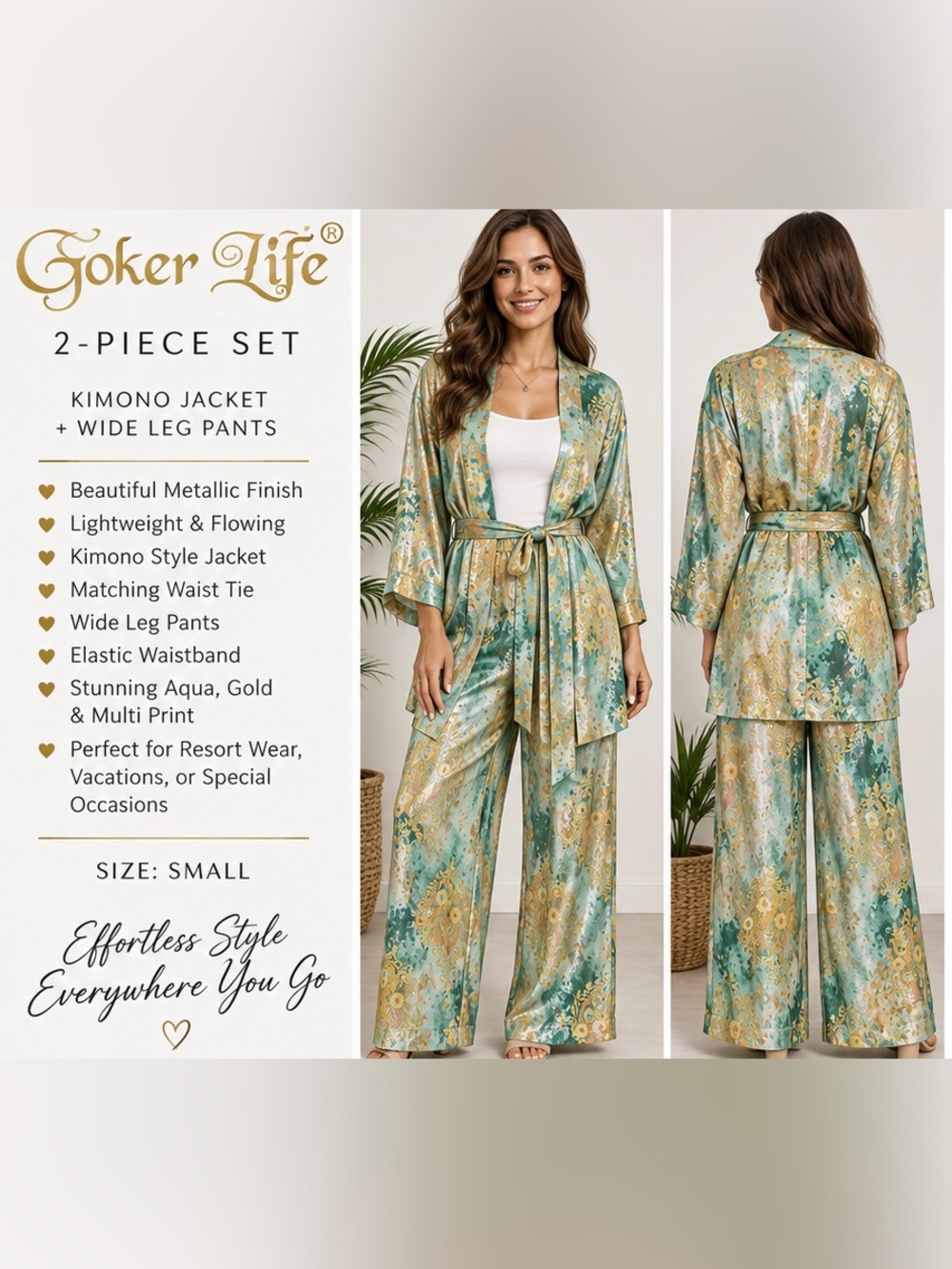 Aqua & Gold Metallic Satin Lounge Set -